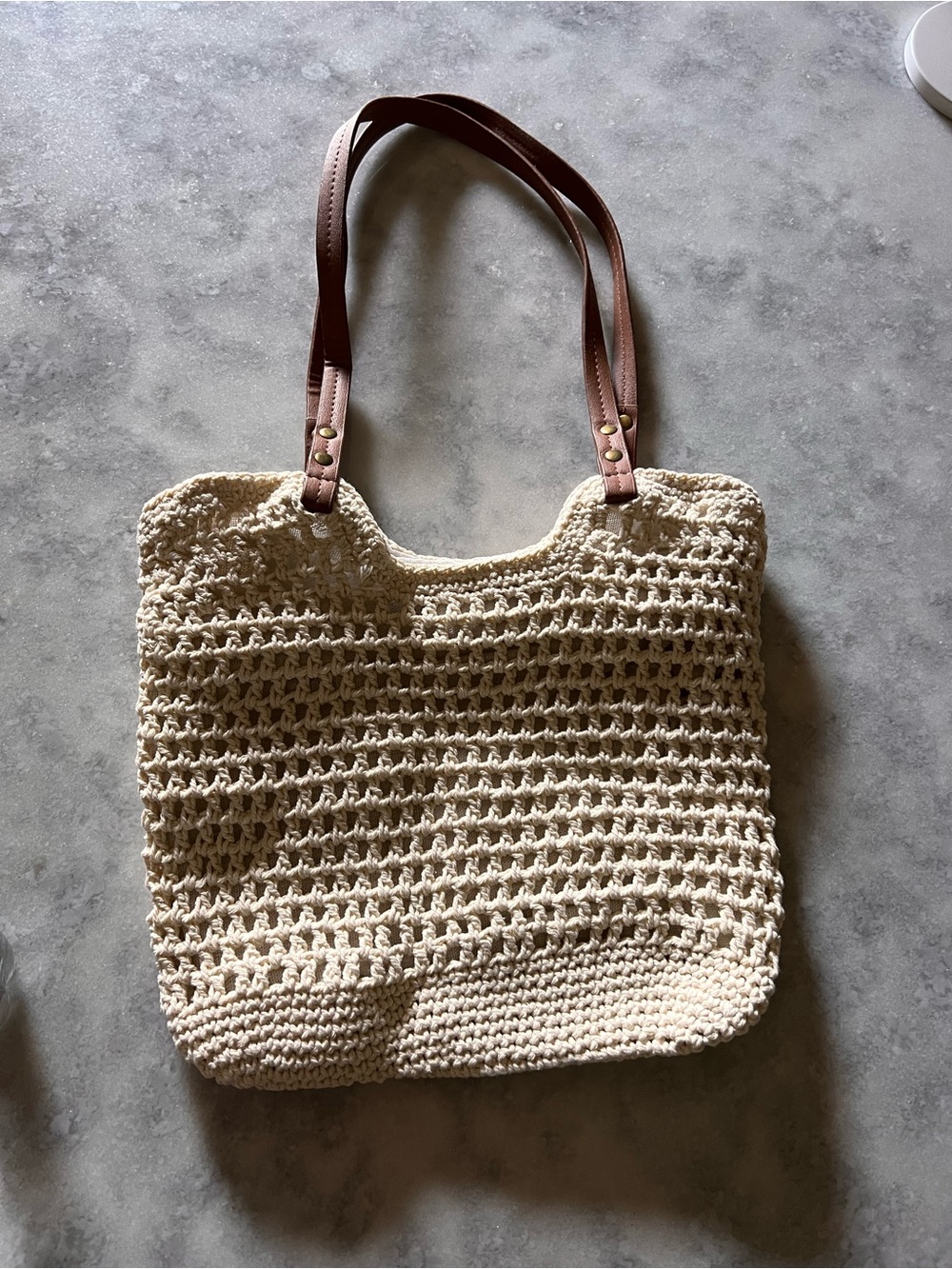Woven Cream Tote Bag with Brown Handles